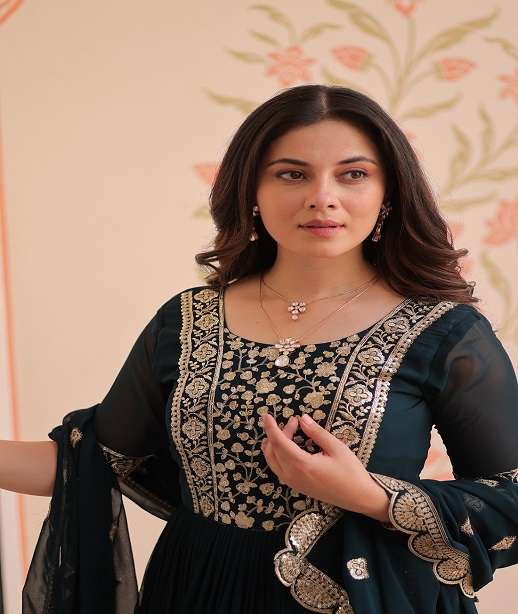 DESIGNER FANCY WEDDING PARTY WEAR BLOOMING GEORGETTE READYMADE ANARKALI GOWN KU 1177 COLOR