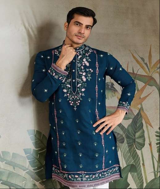 DESIGNER FANCY WEDDING PARTY WEAR READYMADE INDIAN MENS VISCOSE SILK KURTA KF 61351-61356