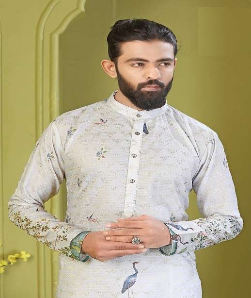 DESIGNER FANCY WEDDING PARTY WEAR READYMADE INDIAN MENS RAYON SILK WHITE KURTA TT 2001-2006