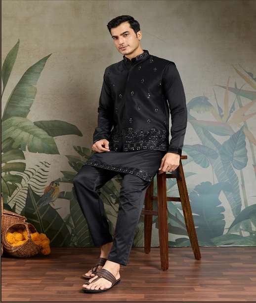 DESIGNER FANCY WEDDING PARTY WEAR READYMADE INDIAN MENS SILK KURTA KOTI JACKET KF 61101-61105