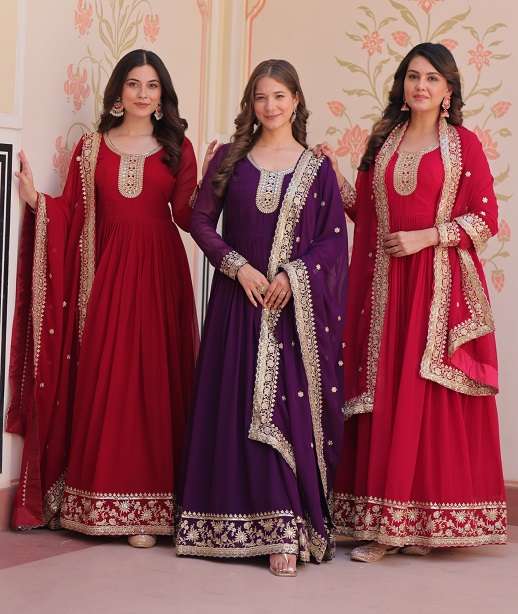 DESIGNER PARTY WEAR READYMADE LONG ANARKALI GOWN SUIT DUPATTA IN BLOOMING FAUX LW 9241 COLOR