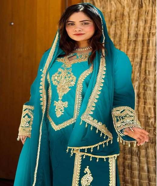 DESIGNER WEDDING PARTY WEAR HEAVY CHINON SHARARA SALWAR SUIT PLAZZO HT 743 COLOR