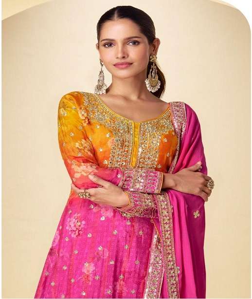 DESIGNER WEDDING PARTY WEAR REAL CHINON SHARARA PALLAZO SALWAR SUIT SY KANIKA 7598-7599