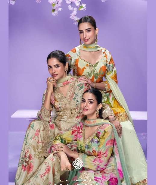 DESIGNER WEDDING PARTY WEAR REAL CHINON SHARARA PALLAZO SALWAR SUIT SY VAANI 10041-10044