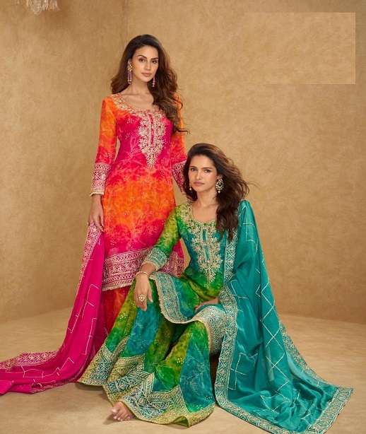 DESIGNER WEDDING PARTY WEAR REAL CHINON SHARARA PALLAZO SALWAR SUIT SY RANGEELA 5814-5815