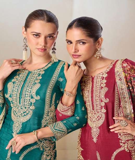 DESIGNER WEDDING PARTY WEAR REAL CHINON SHARARA PALLAZO SALWAR SUIT GL PARUL 7596 COLOR