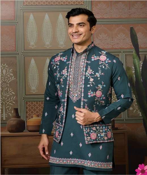 DESIGNER PARTY WEAR READYMADE INDIAN MENS VISCOSE SILK KOTI KURTA KF 61541-61546