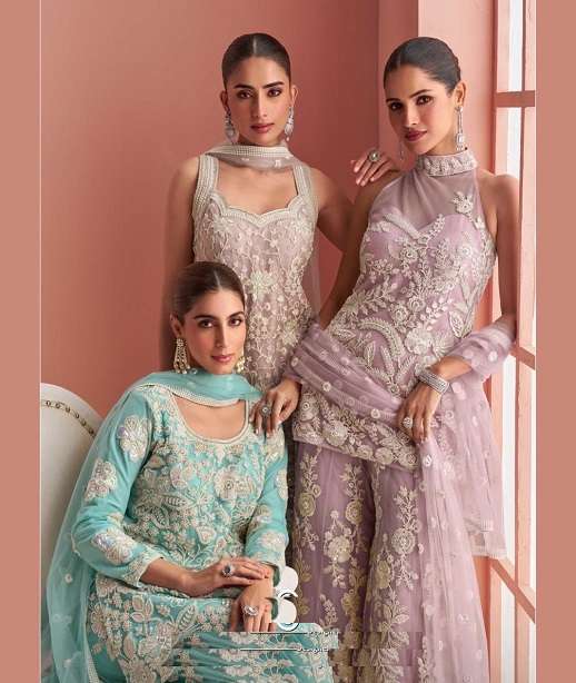 DESIGNER WEDDING PARTY WEAR BUTTERFLY NET SHARARA SALWAR SUIT SY VERONA 10088-10090