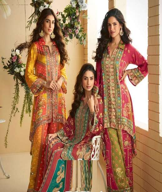 DESIGNER WEDDING PARTY WEAR CRAPE SILK SHARARA PALLAZO SALWAR SUIT SY AURA 10085-10087