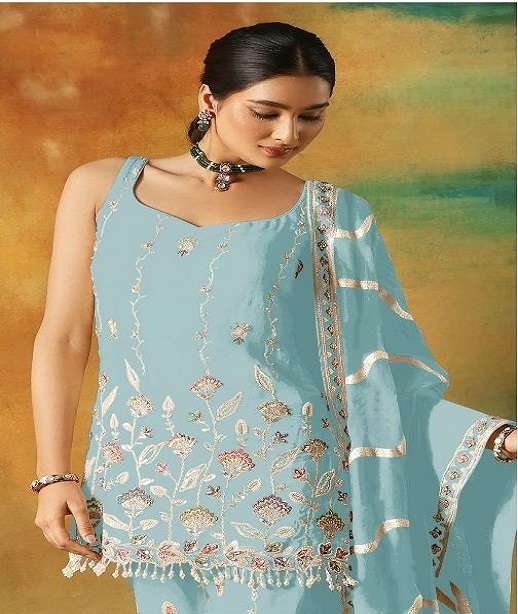 DESIGNER WEDDING PARTY WEAR FAUX GEORGETTE SHARARA PALLAZO SALWAR SUIT HT 1315 COLOR