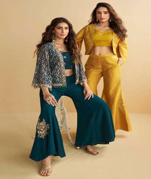 DESIGNER WEDDING PARTY WEAR GEORGETTE JACKET BLOUSE PALLAZO SALWAR SUIT SY 10077-10079