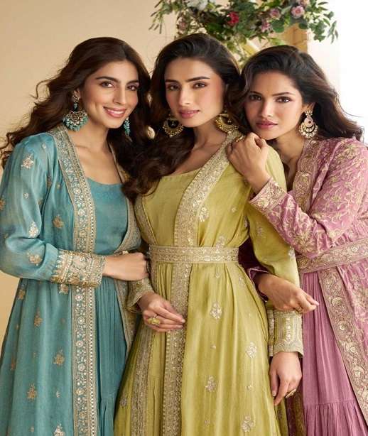 DESIGNER WEDDING PARTY WEAR PURE CHINON SILK KOTI LONG GOWN ANARKALI SALWAR SUIT SY TULIP 10092-10094