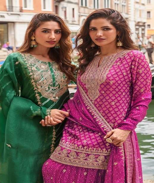 DESIGNER WEDDING PARTY WEAR PURE CHINON SILK SHARARA SALWAR SUIT SY MEENA 5854-5856