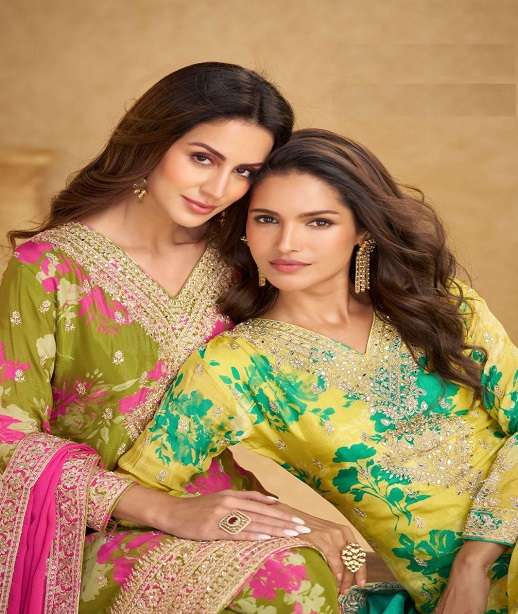 DESIGNER WEDDING PARTY WEAR REAL CHINON SHARARA PALLAZO SALWAR SUIT GL SOFIYA 7576-7577