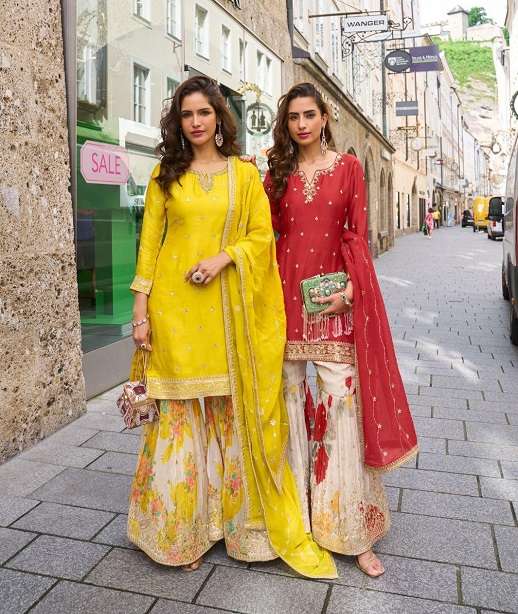 DESIGNER WEDDING PARTY WEAR REAL CHINON SHARARA PALLAZO SALWAR SUIT SY RASHMIKA 7580-75 82