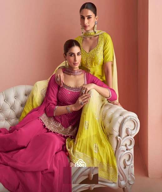 DESIGNER WEDDING PARTY WEAR REAL CHINON SHARARA PALLAZO SALWAR SUIT SY BARKHA 10038-10040