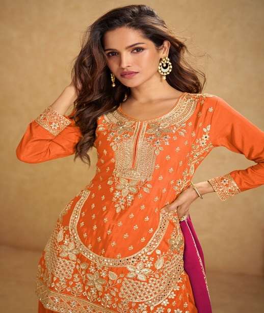 DESIGNER WEDDING PARTY WEAR REAL CHINON SILK SHARARA PALLAZO SALWAR SUIT GL AARUSHI 7545 COLOR