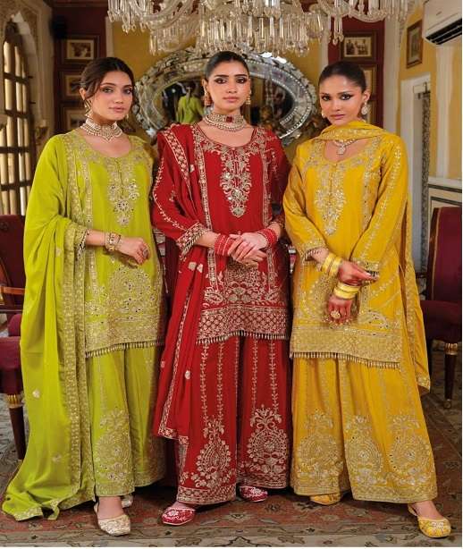 DESIGNER WEDDING PARTY WEAR REAL CHINON SILK SHARARA PALLAZO SALWAR SUIT EBA SUNDARI 1941-1944