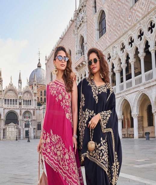 DESIGNER WEDDING PARTY WEAR REAL PREMIUM CRAPE TOP PALLAZO SALWAR SUIT SY CROWN 10082-10084