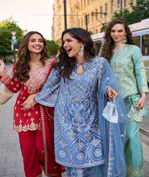 DESIGNER WEDDING PARTY WEAR SIMAR SILK SHARARA PALLAZO SALWAR SUIT SY MUMTAZ 10029-10031