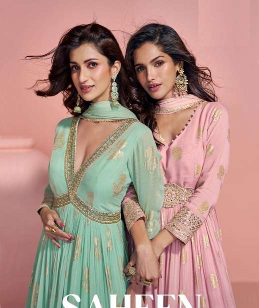 DESIGNER WEDDING PARTY WEAR VISCOSE JACQUARD SILK ANARKALI GOWN SUIT SY SAHEEN 5782-5783