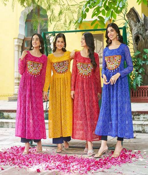 NAVRATRI WEAR READYMADE KURTI IN BANDHANI PRINT GEORGETTE FABRIC LW 9266 COLOR