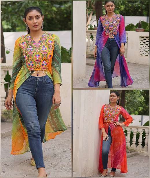 NAVRATRI WEAR READYMADE KURTI IN BANDHANI PRINT GEORGETTE FABRIC KU 1197 COLOR