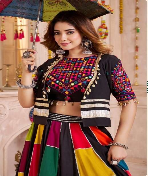 NAVRATRI WEAR VISCOSE COTTON MULTICOLOR LEHENGA CHOLI WITH MIRROR WORK KF RAAS 11141-11145