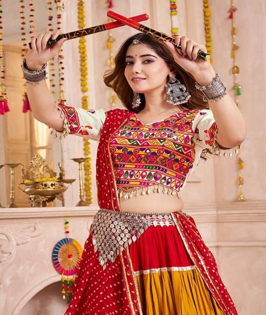 NAVRATRI WEAR VISCOSE COTTON MULTICOLOR LEHENGA CHOLI WITH MIRROR WORK KF RAAS 11101-11104