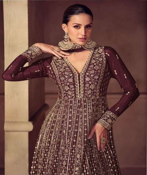 DESIGNER FANCY WEDDING PARTY WEAR REAL CHINON LONG ANARKALI SALWAR SUIT GOWN AF HAZAEL 7604 COLOR