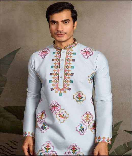 DESIGNER PARTY WEAR READYMADE INDIAN MENS VISCOSE SILK KURTA KF 61361-61366