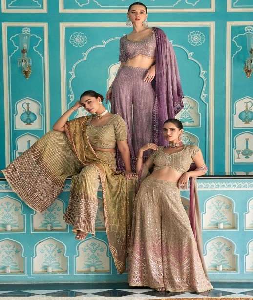 DESIGNER REAL GEORGETTE SHARARA PALAZZO SALWAR SUIT COLLECTION SY LASKARA 5760-5764