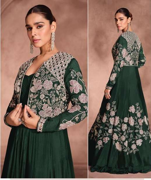 DESIGNER WEDDING PARTY WEAR PURE CHINON SILK KOTI LONG GOWN ANARKALI SALWAR SUIT SY MANNAT 5795-5798