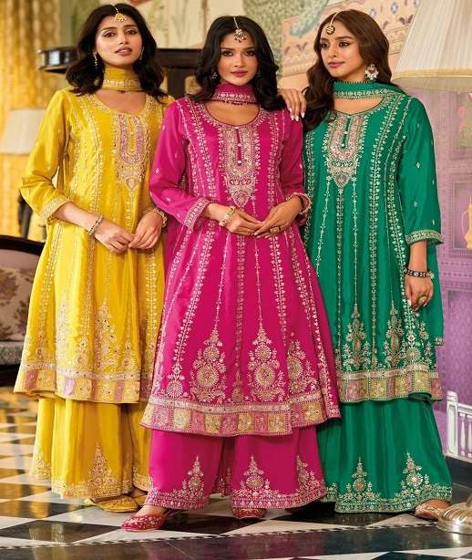 DESIGNER WEDDING PARTY WEAR REAL CHINON SHARARA SALWAR SUIT DST EBA RAGINI 1883-1885