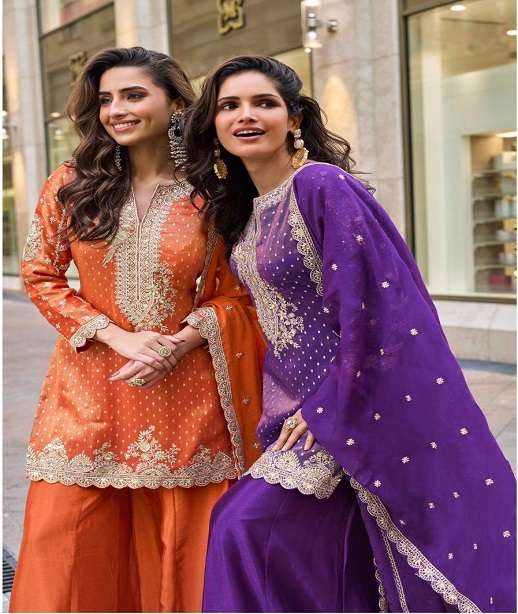 DESIGNER WEDDING PARTY WEAR VISCOS SIMAR JASQUARD SHARARA PALLAZO SALWAR SUIT SY SWATI 5846-5849