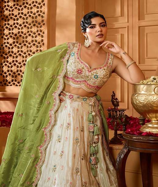 INDIAN DESIGNER BOLLYWOOD WEDDING PARTY WEAR HEAVY TISSUE SILK LEHENGA CHOLI NT 6144 COLOR