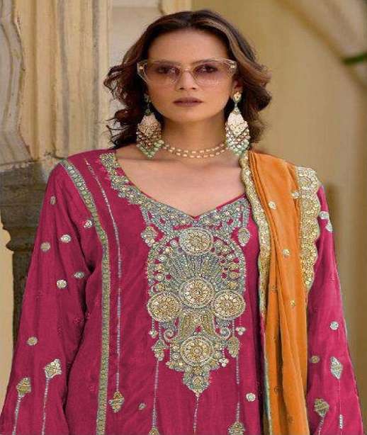 DESIGNER WEDDING PARTY WEAR HEAVY CHINON SHARARA PALLAZO SALWAR SUIT HT 1311 COLOR