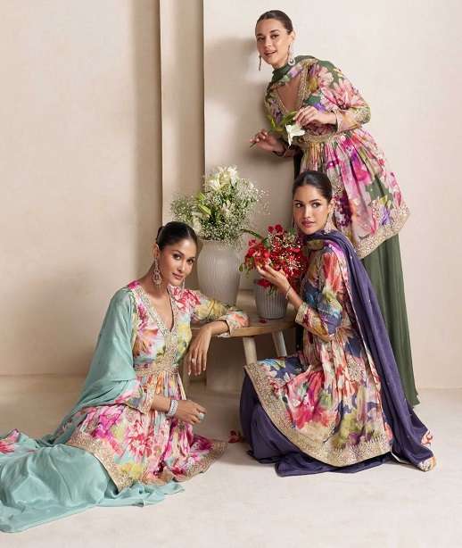 DESIGNER WEDDING PARTY WEAR REAL CHINON SILK PRINTED SHARARA PALLAZO SALWAR SUIT GL RAGA 7593-7595