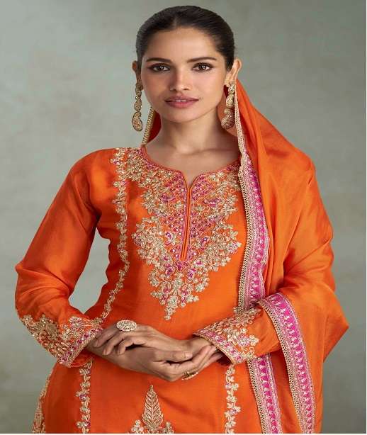 DESIGNER WEDDING PARTY WEAR REAL CHINON SILK SHARARA PALLAZO SALWAR SUIT GL VIBHUTI 7628 COLOR