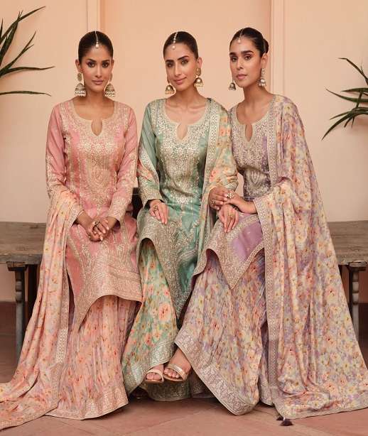 DESIGNER WEDDING PARTY WEAR SIMAR SILK SHARARA PALLAZO SALWAR SUIT AF SONALI 10447-10450