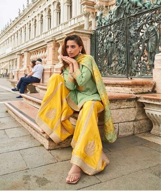 DESIGNER WEDDING PARTY WEAR SIMAR SILK SHARARA PALLAZO SALWAR SUIT SY TAJ 10032-10035