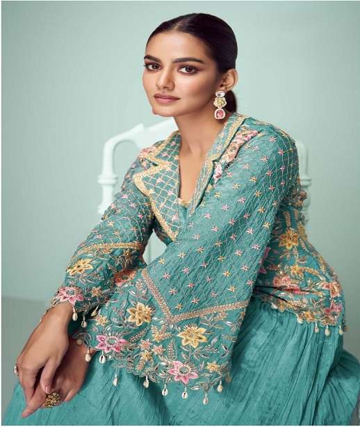 INDIAN DESIGNER FANCY WEDDING PARTY WEAR CHINON PALLAZO SHARARA SALWAR SUIT GL CROWN 7508 COLOR