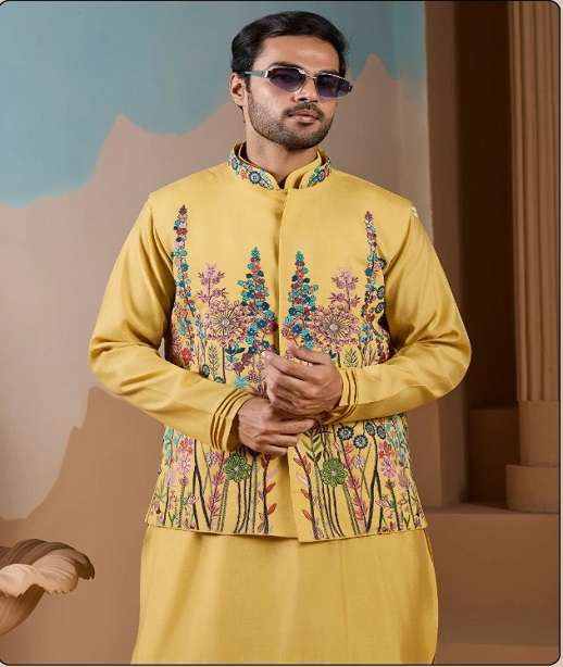 DESIGNER PARTY WEAR READYMADE INDIAN MENS SILK KOTI KURTA KF 61391-61396
