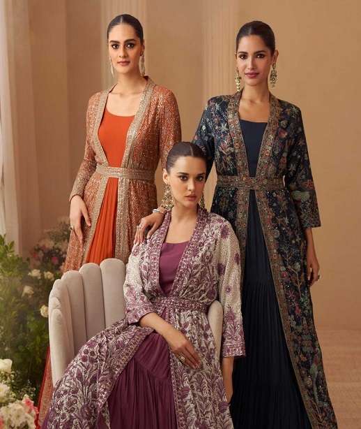 DESIGNER WEDDING PARTY WEAR CHINON SILK KOTI ANARKALI SALWAR SUIT SY KASHMIRA 10135-10138