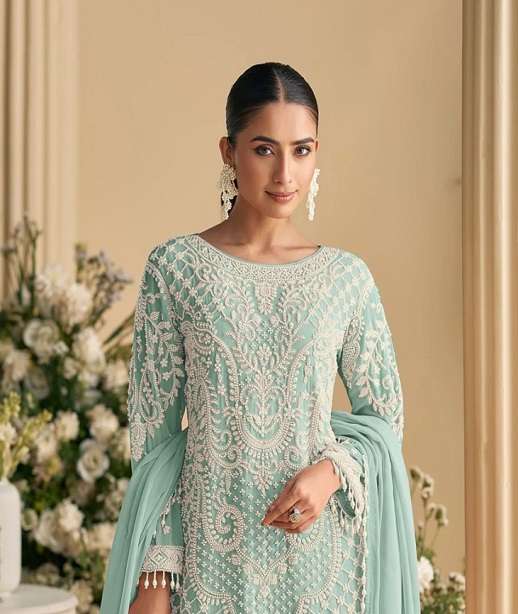 DESIGNER WEDDING PARTY WEAR GEORGETTE SHARARA PALLAZO SALWAR SUIT JG SANA 5818 COLOR