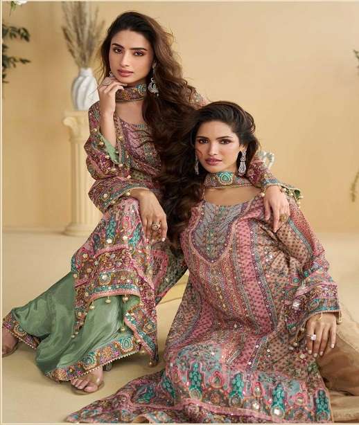 DESIGNER WEDDING PARTY WEAR REAL CREPE SHARARA PALLAZO SALWAR SUIT SY ANIKA 10112-10115