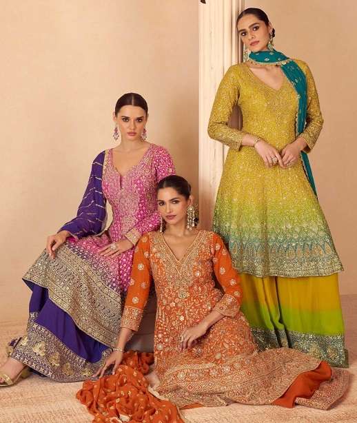 DESIGNER WEDDING PARTY WEAR REAL GEORGETTE SHARARA PALLAZO SALWAR SUIT SY SANDHYA 10148-10151