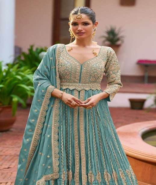 INDIAN DESIGNER FANCY WEDDING PARTY WEAR CHINON SILK ANARKALI GOWN SALWAR SUIT GL MEENAT 7625 COLOR