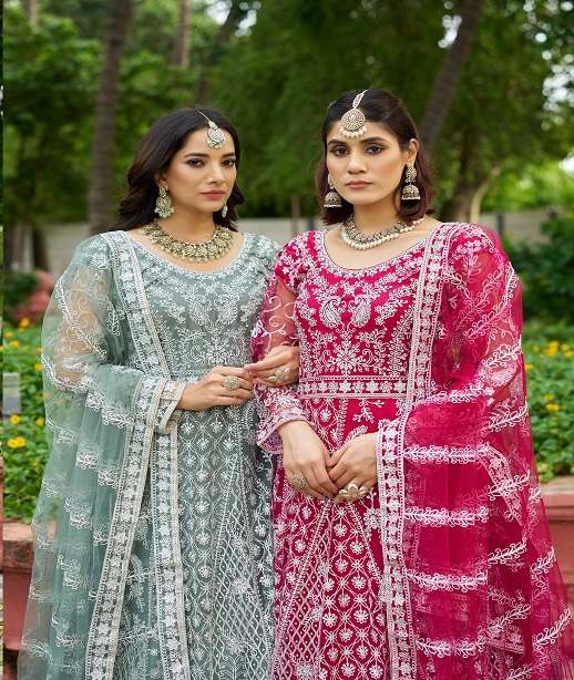 PARTY WEAR ANARKALI SALWAR SUIT LONG GOWN IN BUTTERFLY NET SENHORA MEHFIL 3104 COLOR