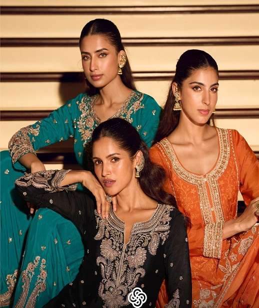 DESIGNER FANCY PARTY WEAR PREMIUM CHINON SILK SHARARA SALWAR SUIT PALAZZO SY KANCHAN 10200-10202